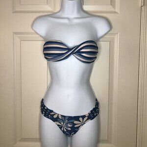 Rio de Sol Blue & Tan Striped Flower Bikini XS